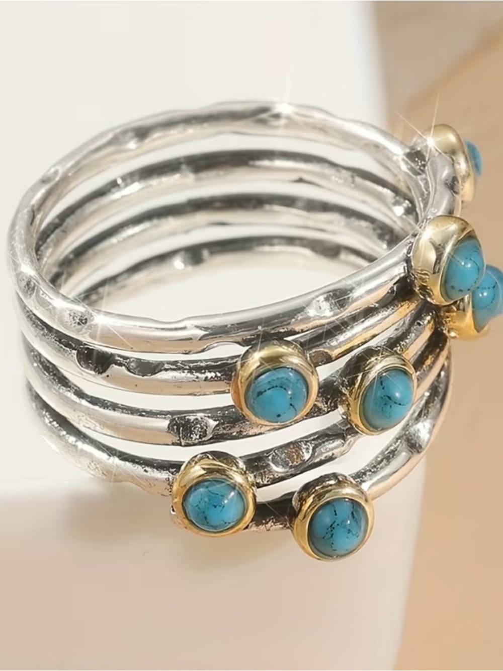 Turquoise Accent Silver & Gold Banded Ring - Picture 3 of 12